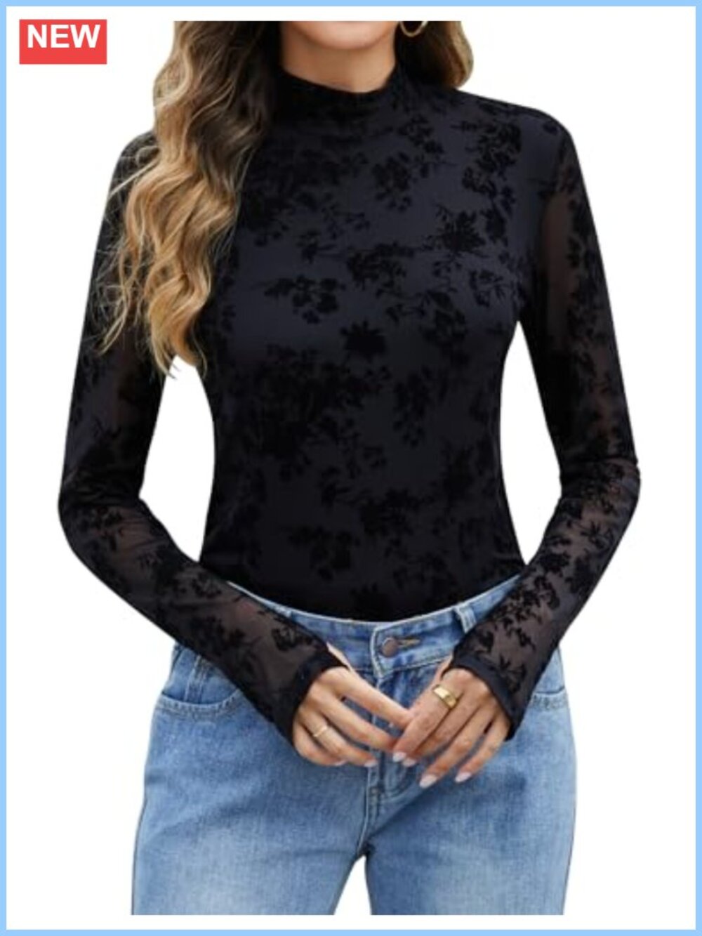 Mesh Long Sleeve Top Double Lined Sheer Mock Neck Blouse Party